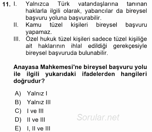 İnsan Hakları Ve Kamu Özgürlükleri 2016 - 2017 Dönem Sonu Sınavı 11.Soru