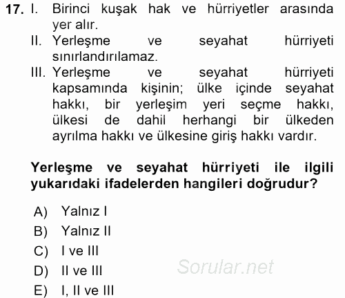 İnsan Hakları Ve Kamu Özgürlükleri 2016 - 2017 Dönem Sonu Sınavı 17.Soru