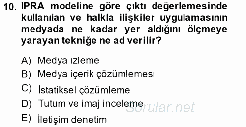 Halkla İlişkiler Yönetimi 2014 - 2015 Tek Ders Sınavı 10.Soru