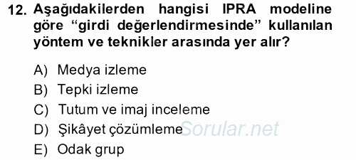 Halkla İlişkiler Yönetimi 2014 - 2015 Tek Ders Sınavı 12.Soru