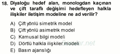 Halkla İlişkiler Yönetimi 2014 - 2015 Tek Ders Sınavı 18.Soru