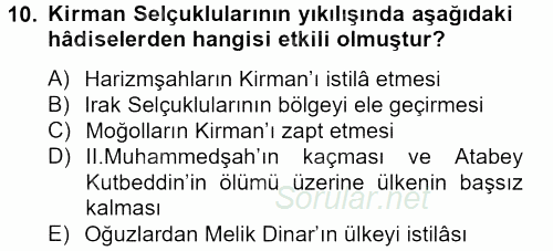 Büyük Selçuklu Tarihi 2012 - 2013 Dönem Sonu Sınavı 10.Soru