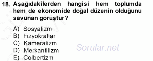 İktisadi Düşünceler Tarihi 2014 - 2015 Ara Sınavı 18.Soru
