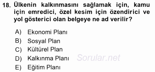 Kentleşme ve Konut Politikaları 2017 - 2018 Dönem Sonu Sınavı 18.Soru