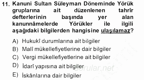 Osmanlı´da İskan ve Göç 2013 - 2014 Ara Sınavı 11.Soru