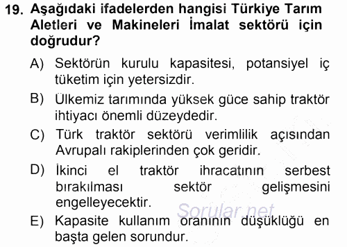 Tarım Ekonomisi ve Tarımsal Politikalar 2013 - 2014 Ara Sınavı 19.Soru