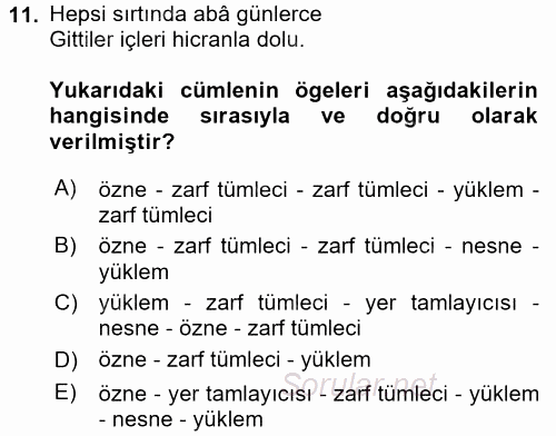 Türkçe Cümle Bilgisi 2 2015 - 2016 Dönem Sonu Sınavı 11.Soru