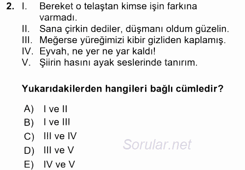 Türkçe Cümle Bilgisi 2 2015 - 2016 Dönem Sonu Sınavı 2.Soru