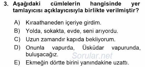 Türkçe Cümle Bilgisi 2 2015 - 2016 Dönem Sonu Sınavı 3.Soru