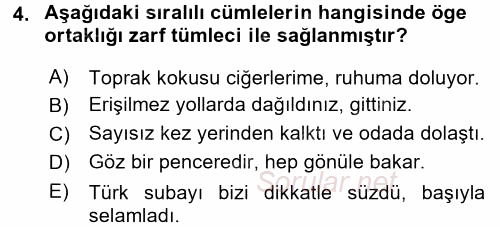 Türkçe Cümle Bilgisi 2 2015 - 2016 Dönem Sonu Sınavı 4.Soru