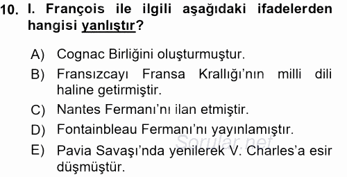 Siyasi Tarih 1 2015 - 2016 Ara Sınavı 10.Soru