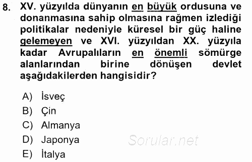 Siyasi Tarih 1 2015 - 2016 Ara Sınavı 8.Soru