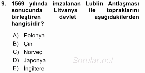 Siyasi Tarih 1 2015 - 2016 Ara Sınavı 9.Soru