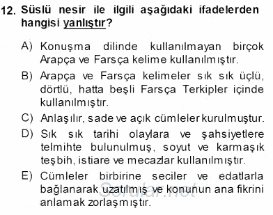 XVI-XIX. Yüzyıllar Türk Dili 2014 - 2015 Ara Sınavı 12.Soru