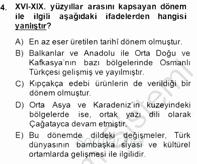 XVI-XIX. Yüzyıllar Türk Dili 2014 - 2015 Ara Sınavı 4.Soru