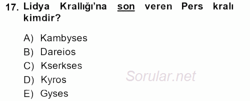 Eski Anadolu Tarihi 2014 - 2015 Dönem Sonu Sınavı 17.Soru