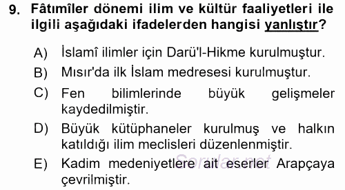İslam Tarihi ve Medeniyeti 2 2015 - 2016 Ara Sınavı 9.Soru