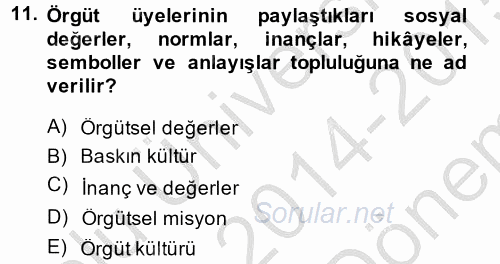 Stratejik Yönetim 1 2014 - 2015 Dönem Sonu Sınavı 11.Soru