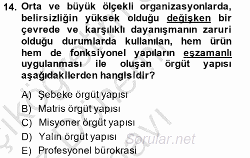 Stratejik Yönetim 1 2014 - 2015 Dönem Sonu Sınavı 14.Soru