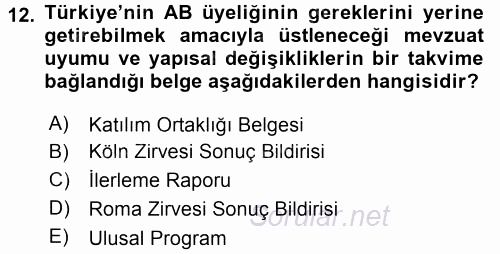 Türk Dış Politikası 2 2017 - 2018 3 Ders Sınavı 12.Soru