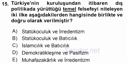Türk Dış Politikası 2 2017 - 2018 3 Ders Sınavı 15.Soru