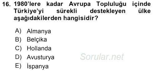 Türk Dış Politikası 2 2017 - 2018 3 Ders Sınavı 16.Soru