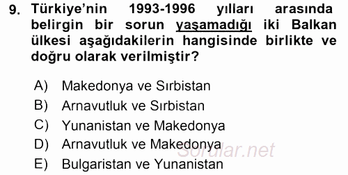 Türk Dış Politikası 2 2017 - 2018 3 Ders Sınavı 9.Soru