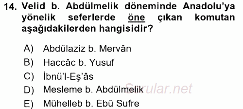 İslam Tarihi ve Medeniyeti 1 2017 - 2018 Dönem Sonu Sınavı 14.Soru