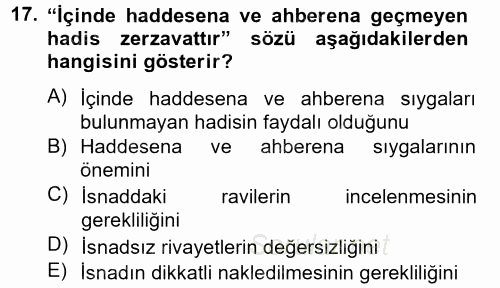 Hadis 2014 - 2015 Tek Ders Sınavı 17.Soru