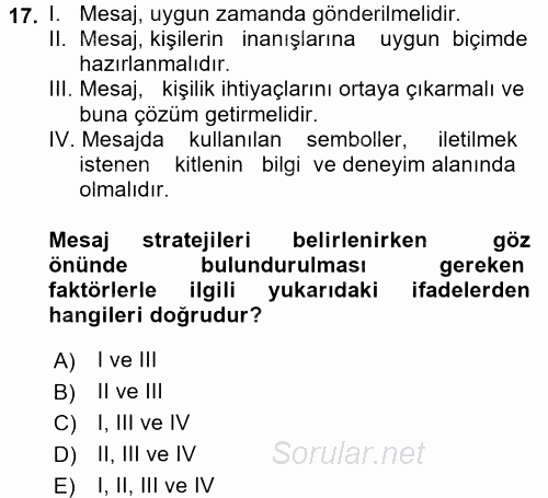 Pazarlama İletişimi 2017 - 2018 3 Ders Sınavı 17.Soru