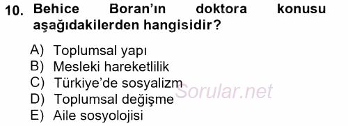 Türk Sosyologları 2014 - 2015 Tek Ders Sınavı 10.Soru