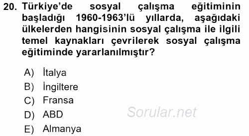 Sosyal Hizmete Giriş 2017 - 2018 Ara Sınavı 20.Soru