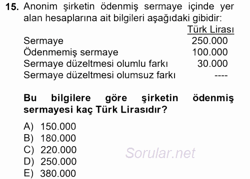 Genel Muhasebe 2 2013 - 2014 Tek Ders Sınavı 15.Soru