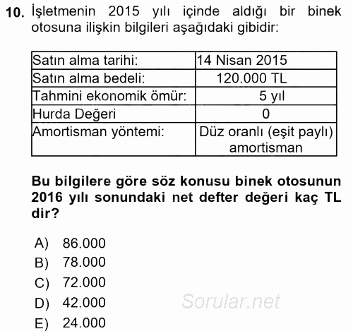 Muhasebe Uygulamaları 2016 - 2017 Ara Sınavı 10.Soru