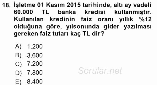 Muhasebe Uygulamaları 2016 - 2017 Ara Sınavı 18.Soru