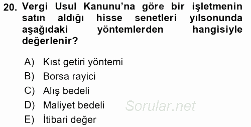 Muhasebe Uygulamaları 2016 - 2017 Ara Sınavı 20.Soru