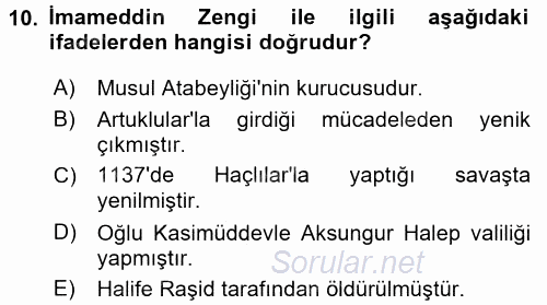 Büyük Selçuklu Tarihi 2015 - 2016 Dönem Sonu Sınavı 10.Soru