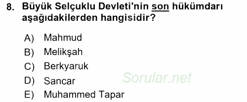 Büyük Selçuklu Tarihi 2015 - 2016 Dönem Sonu Sınavı 8.Soru