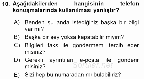 Yönetici Asistanlığı 2015 - 2016 Tek Ders Sınavı 10.Soru