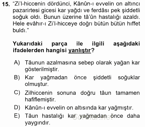 Osmanlı Türkçesi 2 2016 - 2017 Dönem Sonu Sınavı 15.Soru