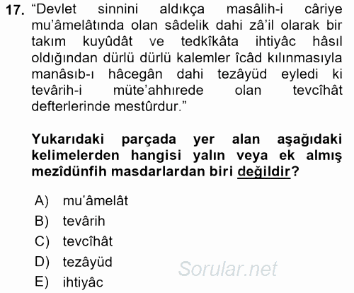 Osmanlı Türkçesi 2 2016 - 2017 Dönem Sonu Sınavı 17.Soru