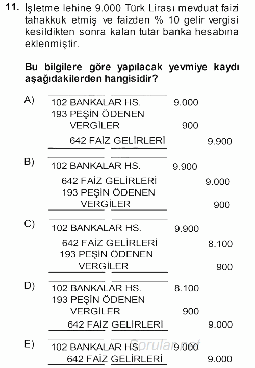 Envanter ve Bilanço 2013 - 2014 Ara Sınavı 11.Soru