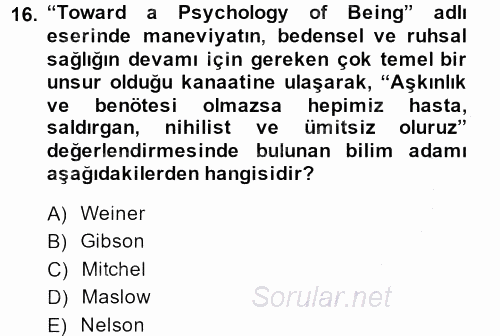 Din Eğitimi Ve Din Hizmetlerinde Rehberlik 2013 - 2014 Dönem Sonu Sınavı 16.Soru
