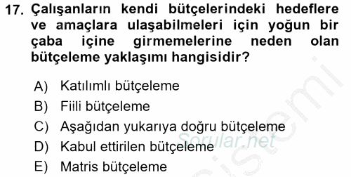 Maliyet Yönetimi 2016 - 2017 Ara Sınavı 17.Soru