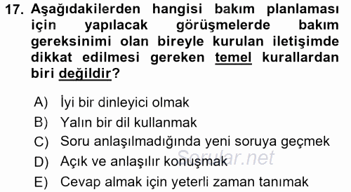 Engelli Bakımı ve Rehabilitasyonunu Planlama 2017 - 2018 Ara Sınavı 17.Soru