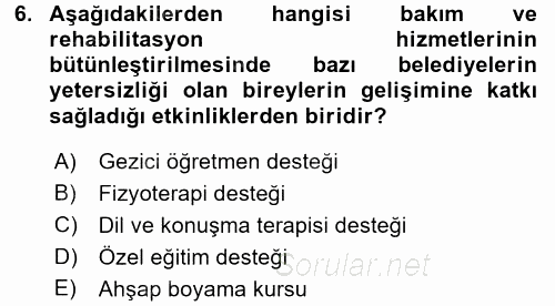 Engelli Bakımı ve Rehabilitasyonunu Planlama 2017 - 2018 Ara Sınavı 6.Soru