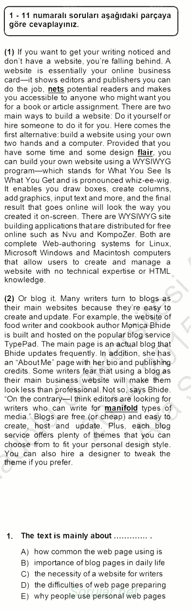 İleri Okuma Ve Yazma Becerileri 1 2014 - 2015 Ara Sınavı 1.Soru