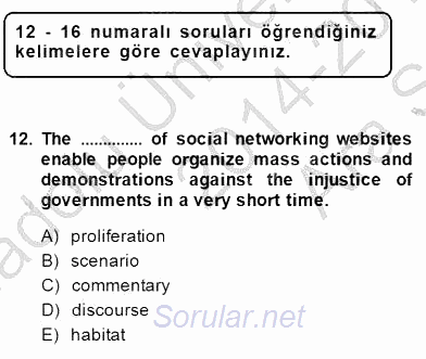 İleri Okuma Ve Yazma Becerileri 1 2014 - 2015 Ara Sınavı 12.Soru