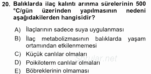 Temel Veteriner Farmakoloji ve Toksikoloji 2016 - 2017 Dönem Sonu Sınavı 20.Soru