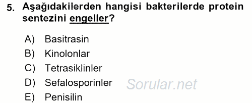 Temel Veteriner Farmakoloji ve Toksikoloji 2016 - 2017 Dönem Sonu Sınavı 5.Soru